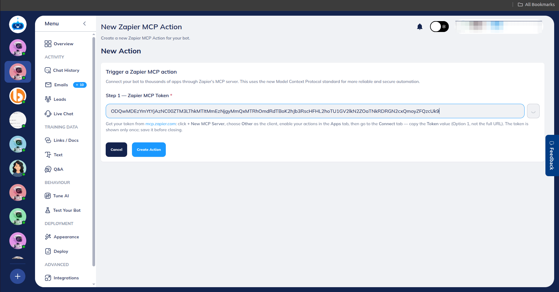Paste the copied token from zapier mcp platform.