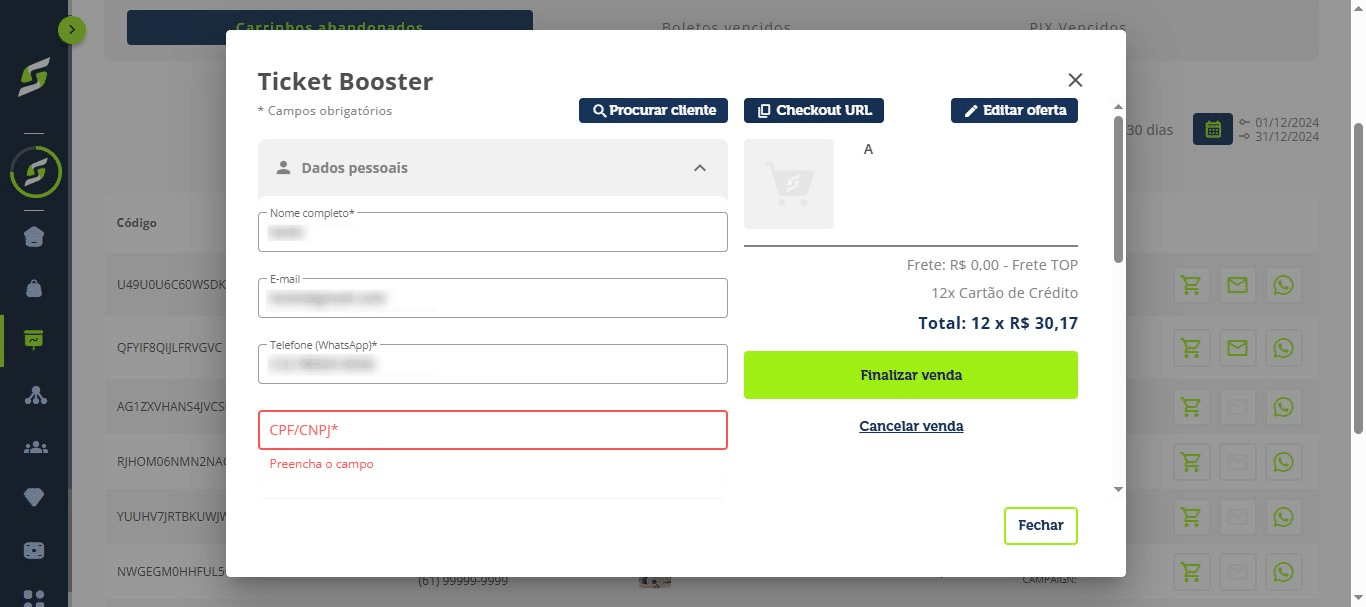 Você pode copiar a URL do checkout ou clicar em **"Finalizar venda"**.