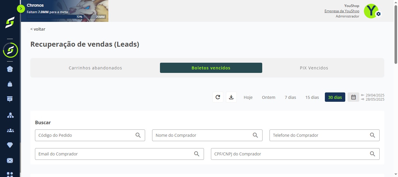 Acesse **"Boletos vencidos"** e utilize o calendário ou filtros rápidos.