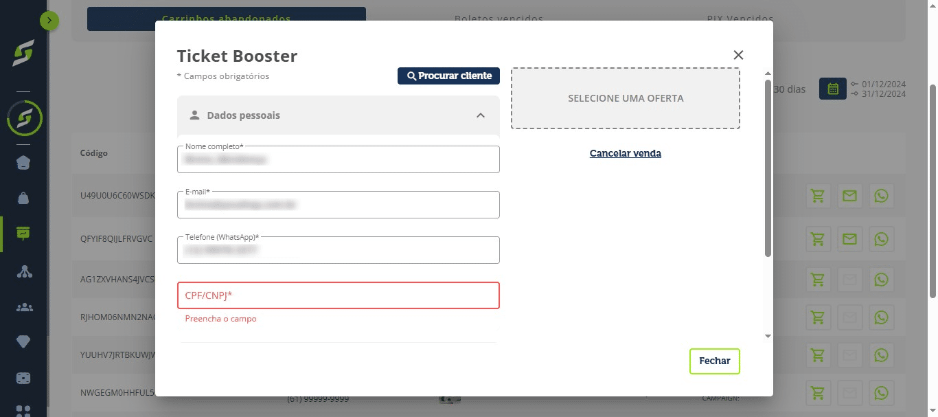 Confira os dados do cliente ou clique em **"Procurar cliente"**.