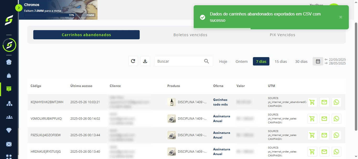 Os dados serão exportados em CSV com sucesso.
