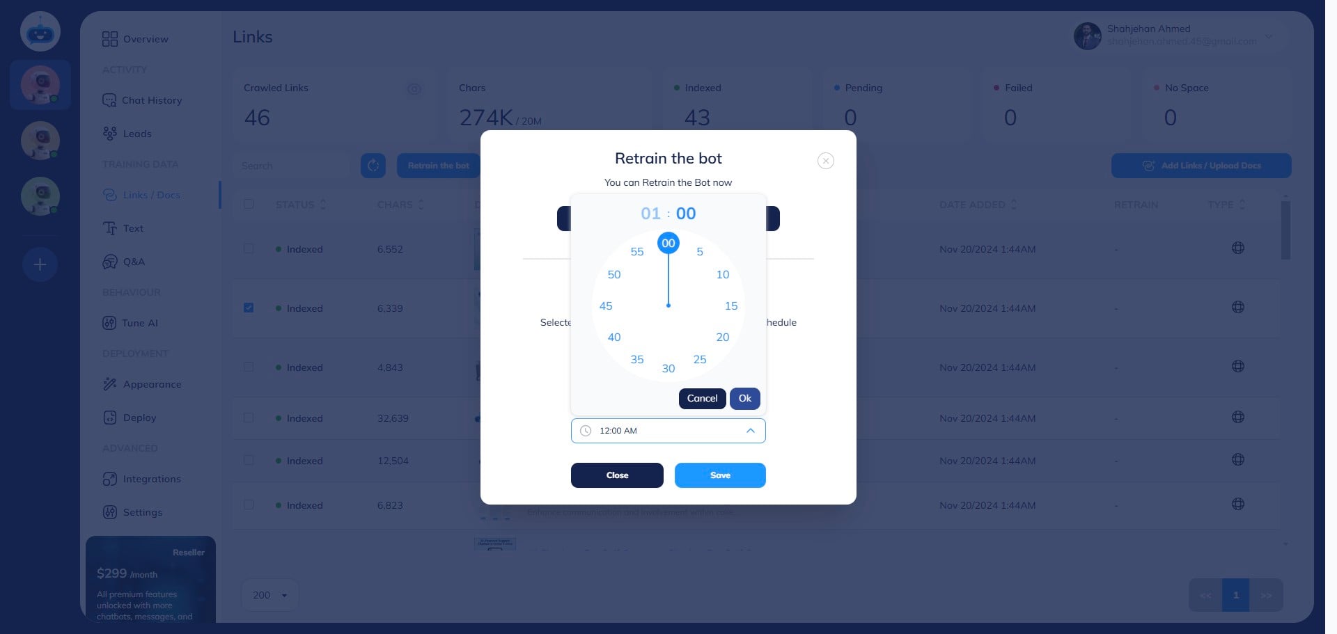 Now, you can set a time at which you want the Chatbot to auto-retrain. After selecting the time, click on the "OK" button. 