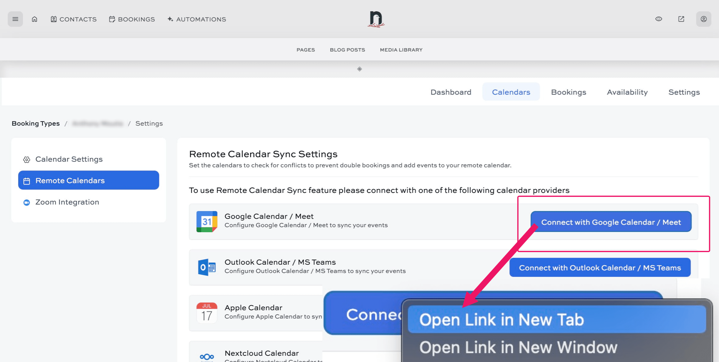 Right-click on "Connect with Google Calendar / Meet" (or Outlook/Apple - whichver calendar type you are connecting with) and select "Open in new tab"