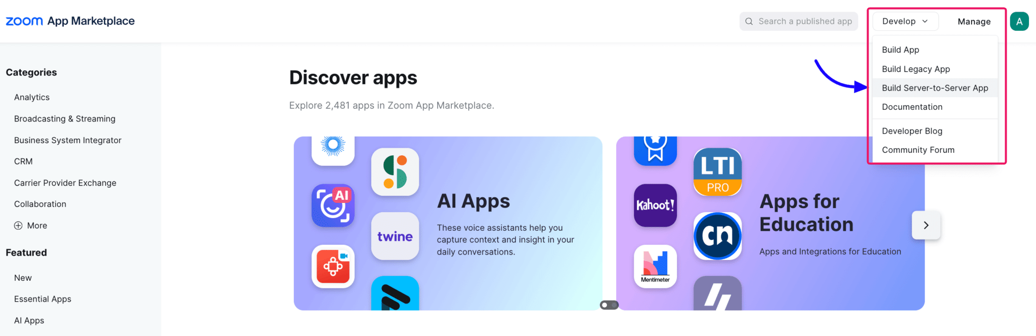 Click on "Develop" and then on "Build Server-to-Server App"