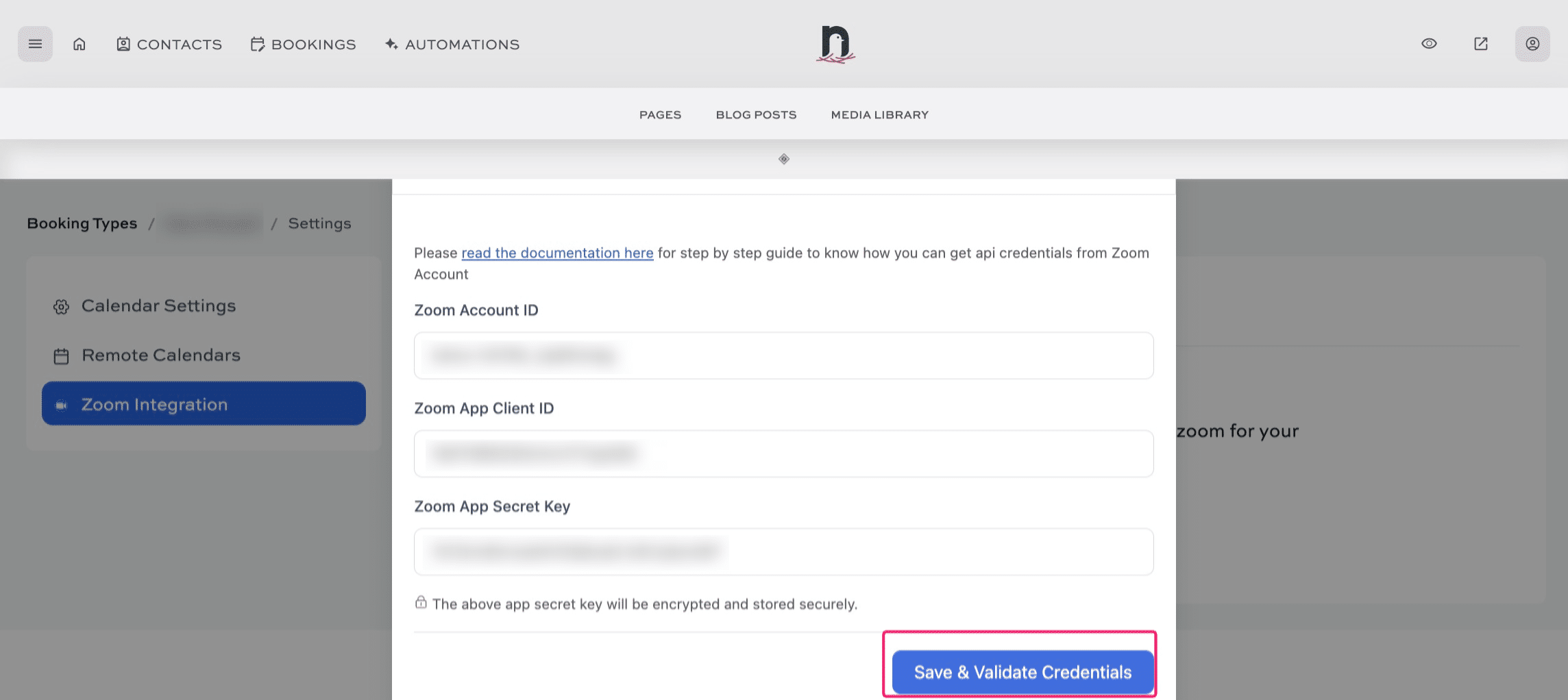 Add your Zoom Account ID, App Client ID, and App Secret Key to the pop-up form, then click on "Save & Validate Credentials"