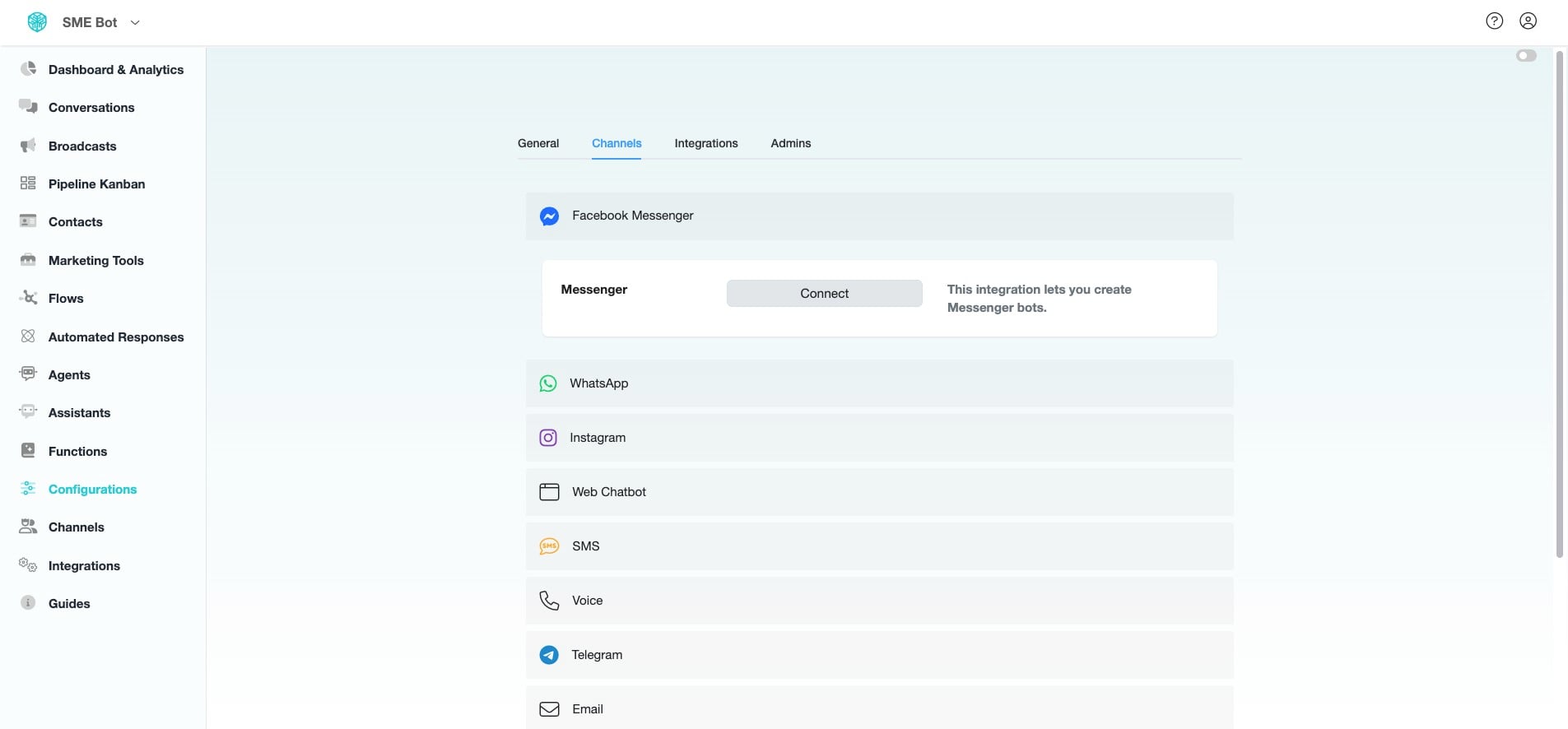 Click "Connect" to start the SME Bot and Messenger Integration.