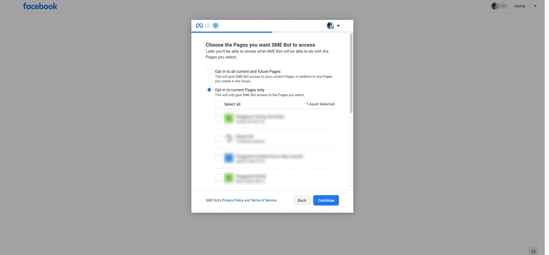 You will be prompted to choose the Facebook Page you want SME Bot to connect with. You can either opt-in for all current and future Facebook Pages or select only the current Facebook Pages.
