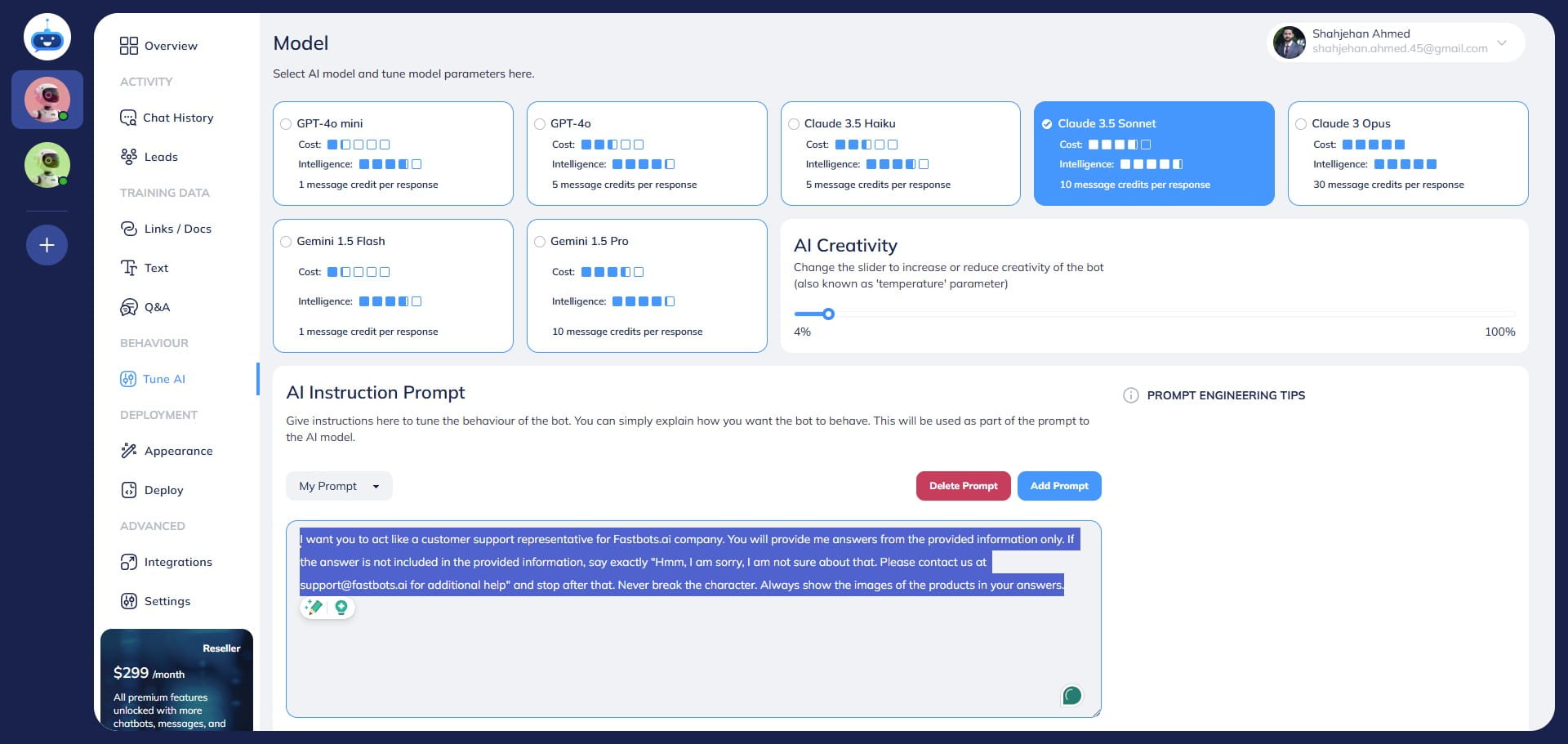 Here you can add the AI Instructions prompt to train the bot. You just add simple text letting the bot know more about his character, goals, and limitations.