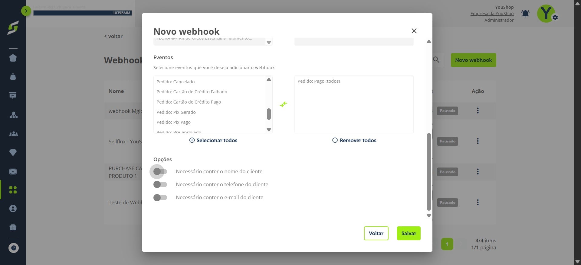Informe o conteúdo que deseja que apareça no seu webhook.