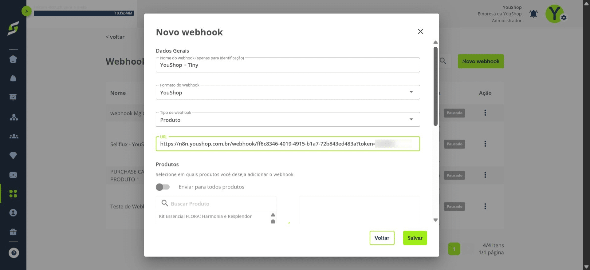 No campo **URL**, adicione o seguinte link:
<https://n8n.youshop.com.br/webhook/ff6c8346-4019-4915-b1a7-72b843ed483a?token=>
Após o `token=`, adicione o token disponível no seu painel da Tiny.