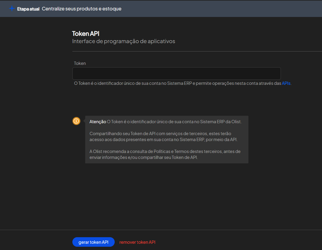 Clique em **"Gerar Token API"** e copie o código gerado.