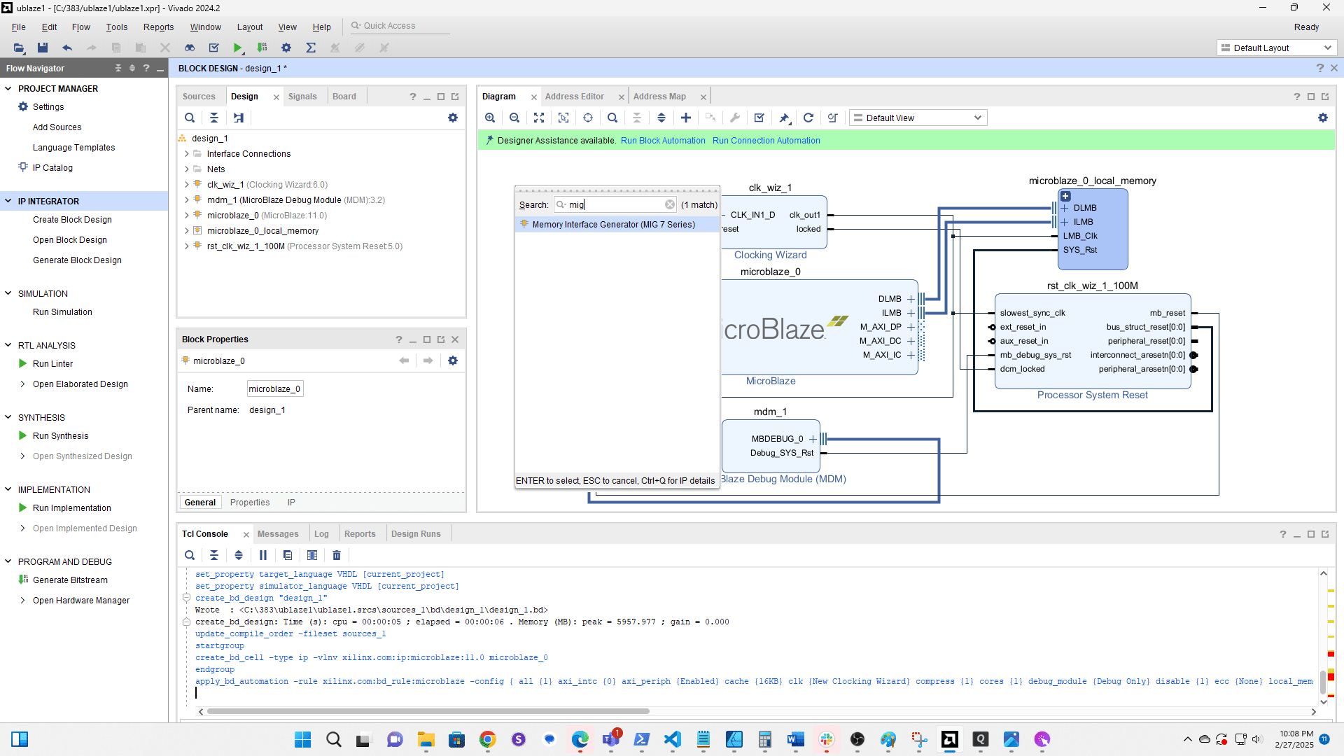 Double click to add Memory Intergace Generator (MIG)