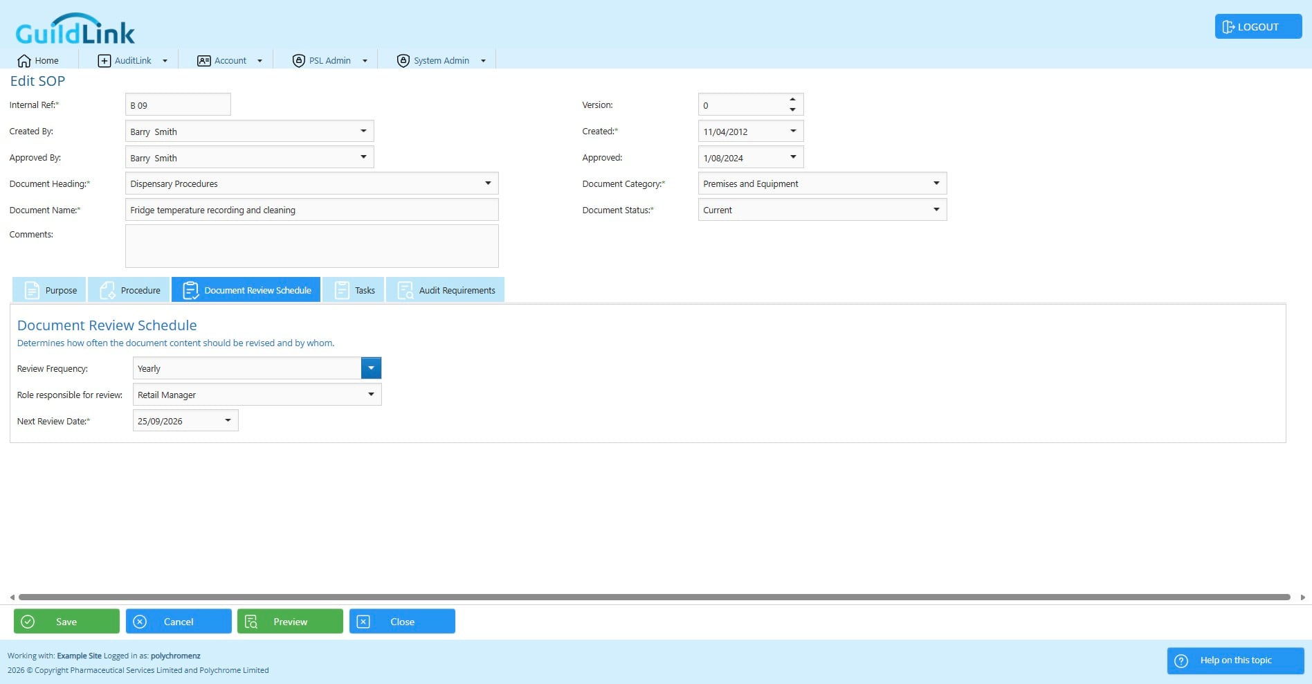 The document review schedule is to allow you to have reminder to review the content of the SOP. This is different from recording that staff have read an understood an SOP for audit. That's shown later on and this setup is for when the pharmacy chose a paper based tracking model. 
The document review schedule is based on a role so that it doesn't stop working when staff change.