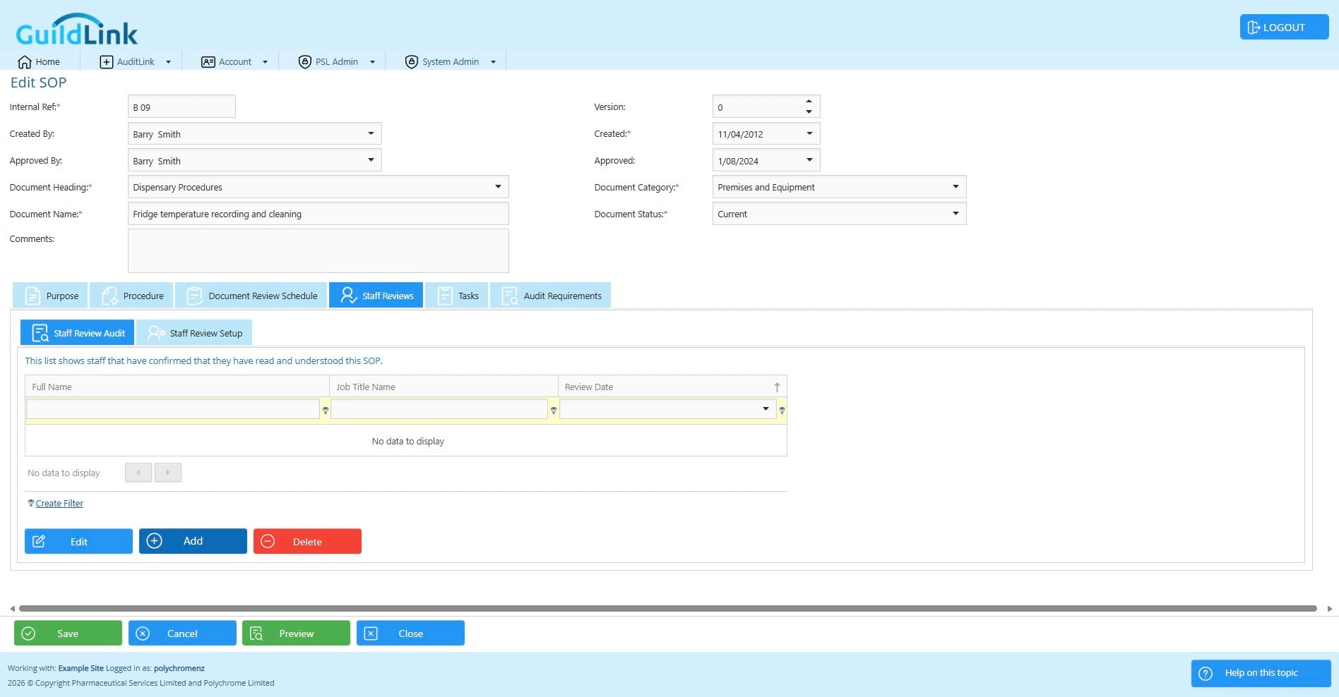 Usually, staff will click on a list of SOP they need to review and work their way through them, reading and then confirming them. However, not all staff will have a GuildLink login (there are no limits so it's recommended that they so - we have a special user type who can only review SOPs). If you need to manually record a staff review, just click add here and enter the details.