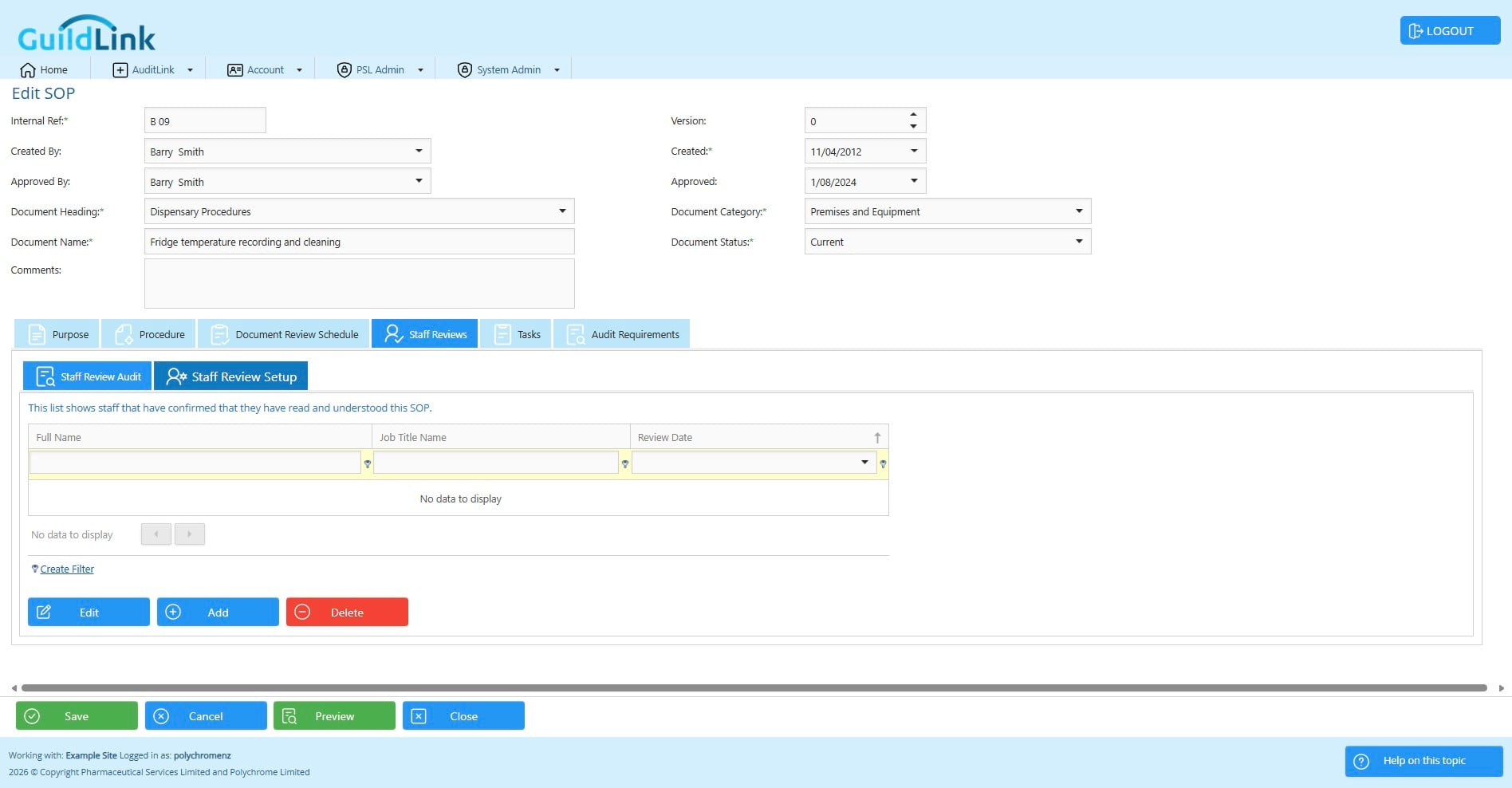 Click on "Staff Review Setup". this is where we set up which job titles will need to review this SOP