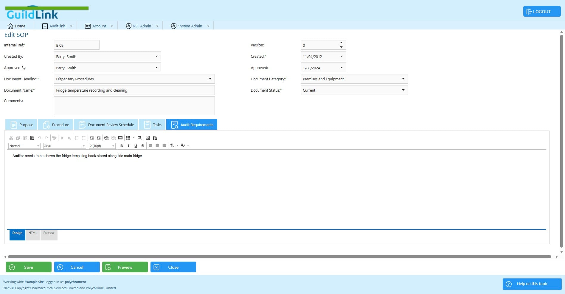 Here you can add any comments for things you need to have done prior to an audit.