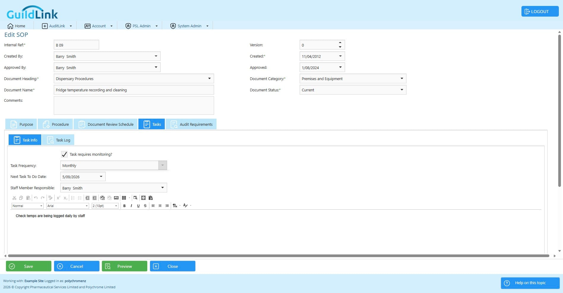 GuildLink lets you set a frequency and a person to remind to carry out the task.