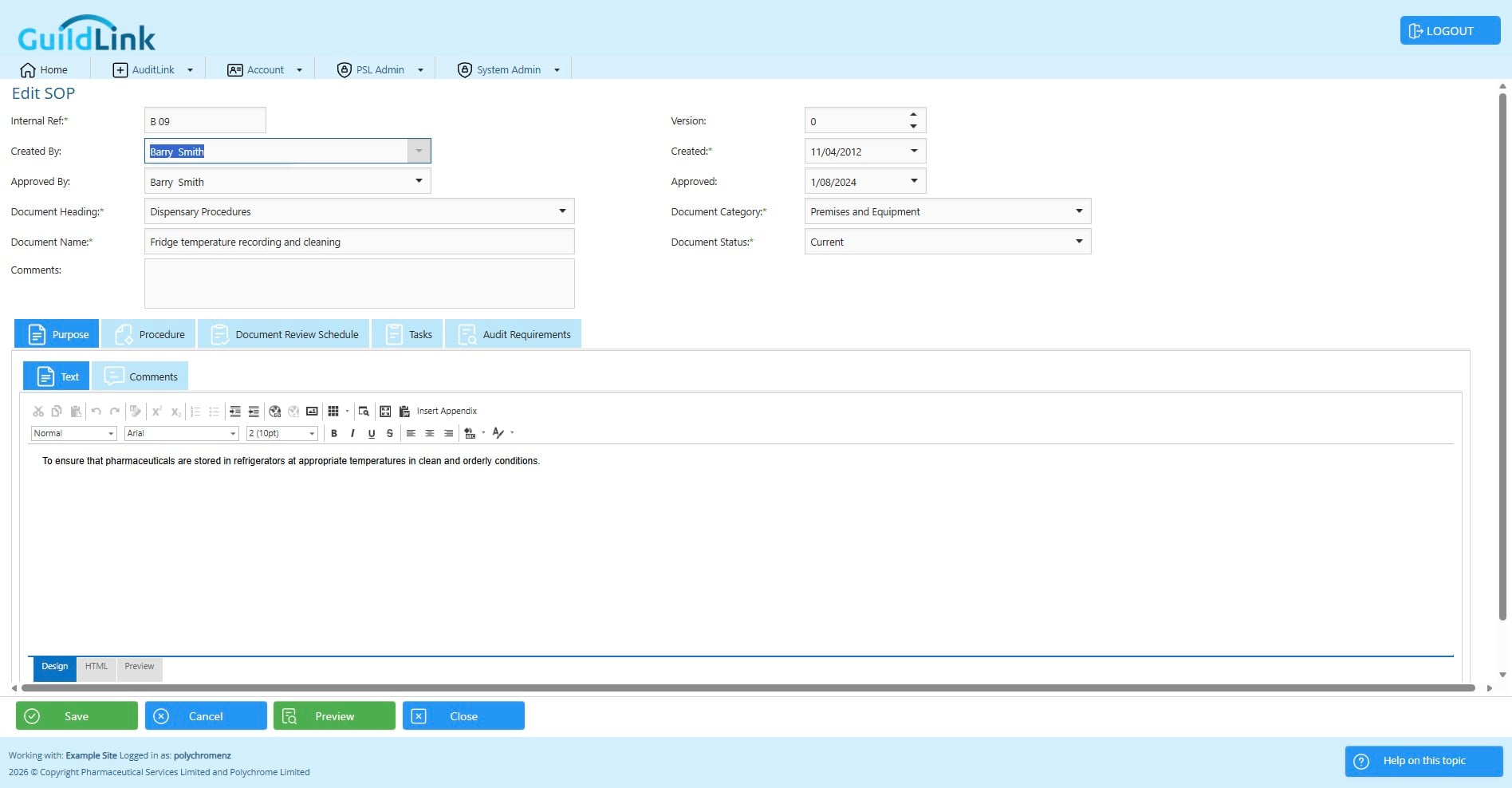 The top part of the screen lets you set the basic information about this SOP. Most of this will be populated before you import it from PSL.