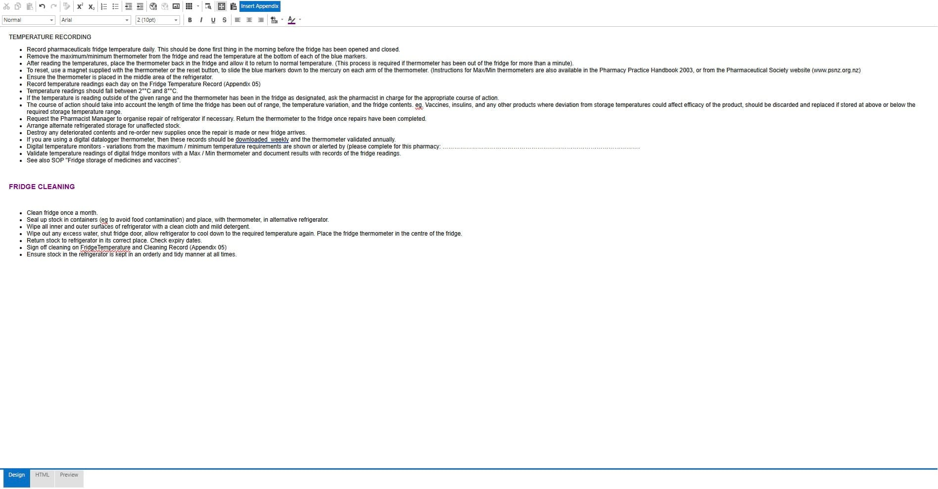 Click on "Insert Appendix" to add a link to n existing Appendix