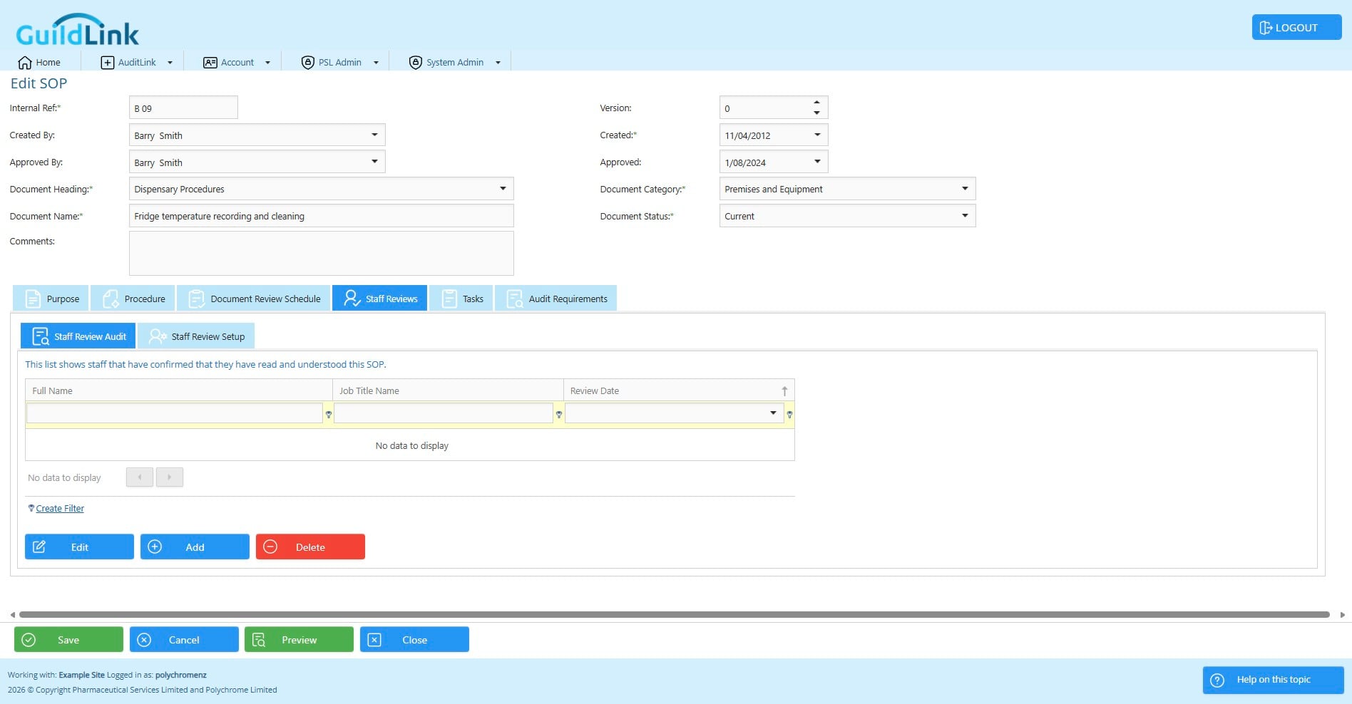 Click on "Staff Reviews" to see the audit log of staff who have confirmed that they have read and understood this SOP. This log can be included when printing the document.