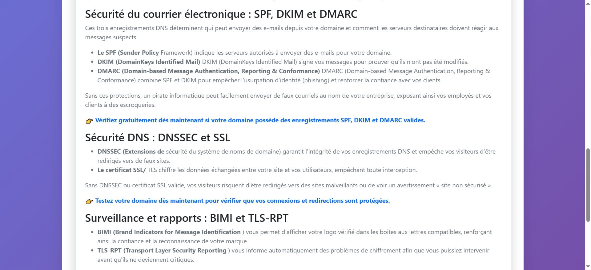 Cette section information explique que le DNSSEC et un certificat SSL valide sont particulièrement importants pour protéger les visiteurs de votre site contre les sites malveillants et les attaques.