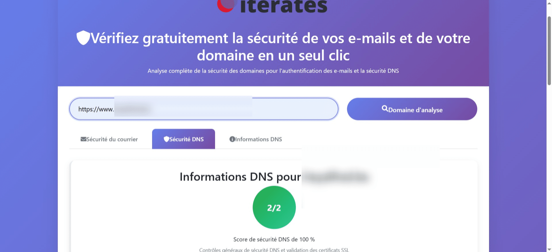 Le résultat de l'analyse s'affiche ici.
Ce score global évalue la sécurité de l'infrastructure de messagerie et DNS du domaine