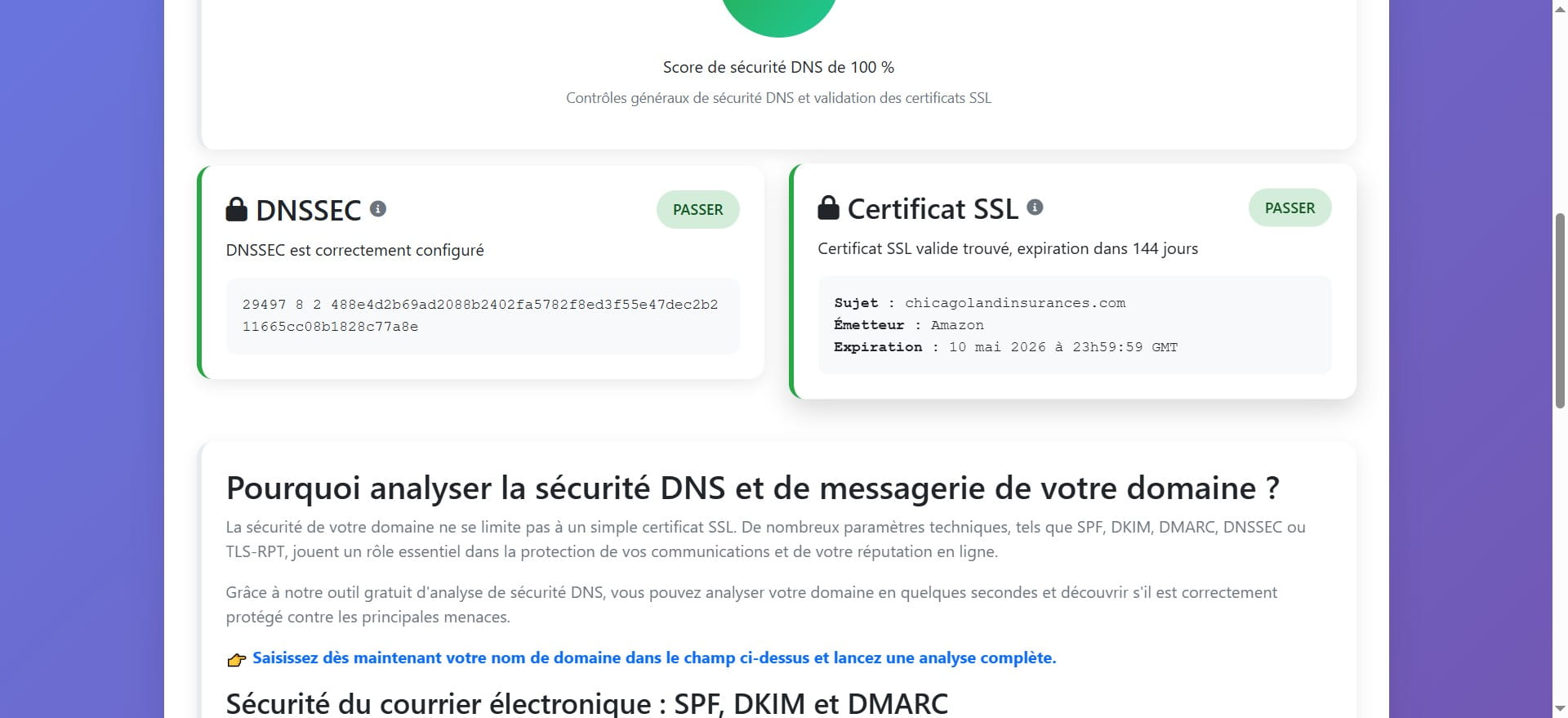 Cette section information explique l'avantage d'analyser la sécurité DNS et de messagerie avec l'outil proposé par iterates.