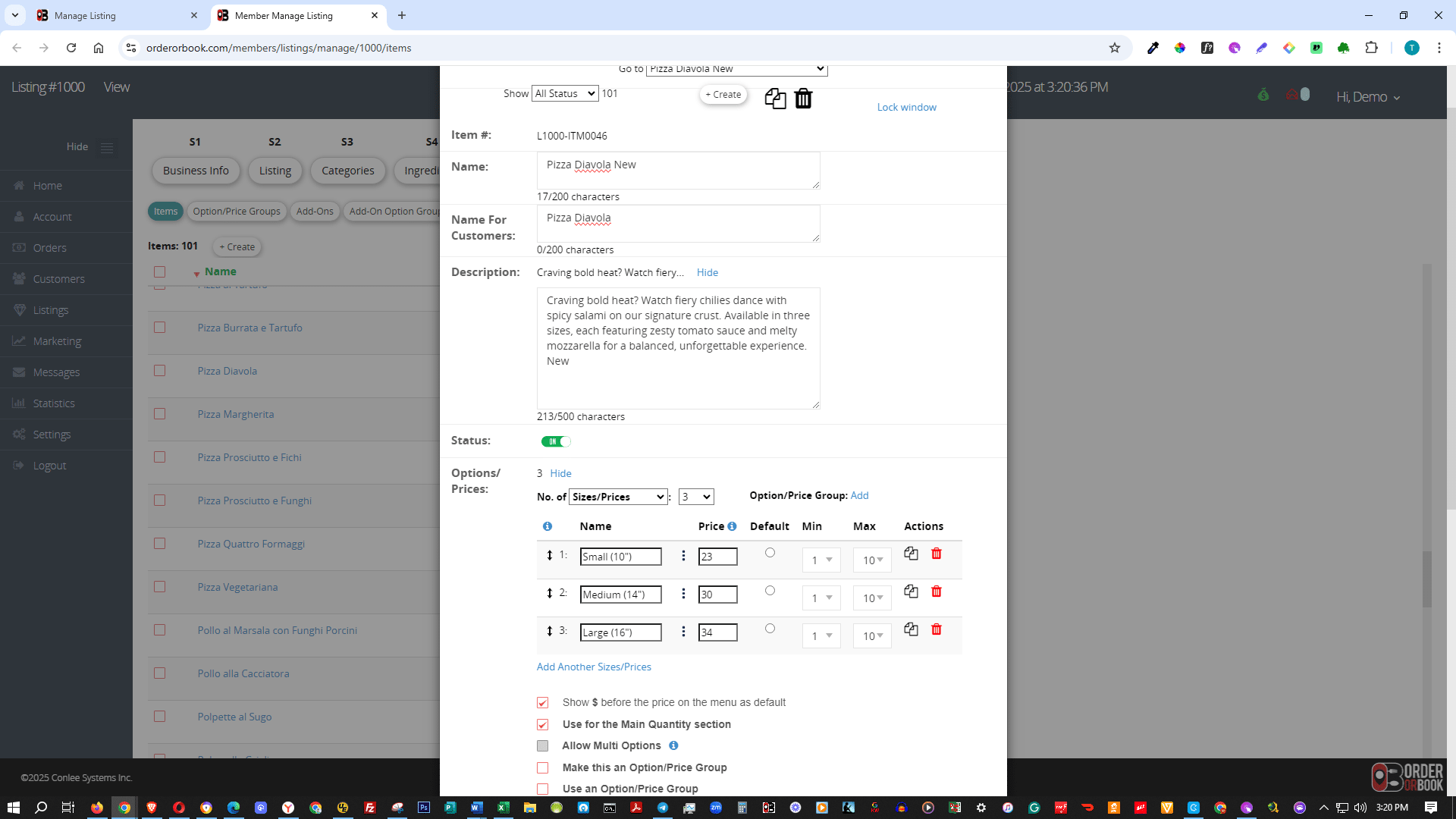 Select **OFF** to hide this item from the menu. 