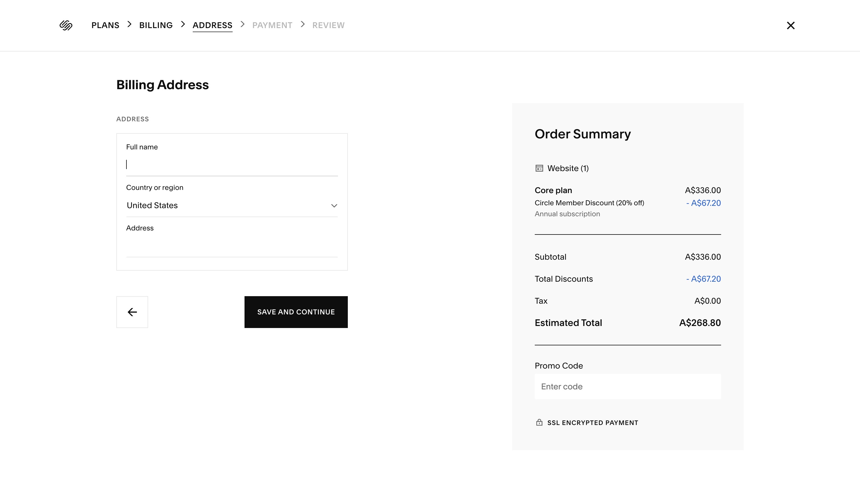 Enter your billing details, click '**Save and Continue'**, and complete checkout. Once your site plan is active, your website can be published live.