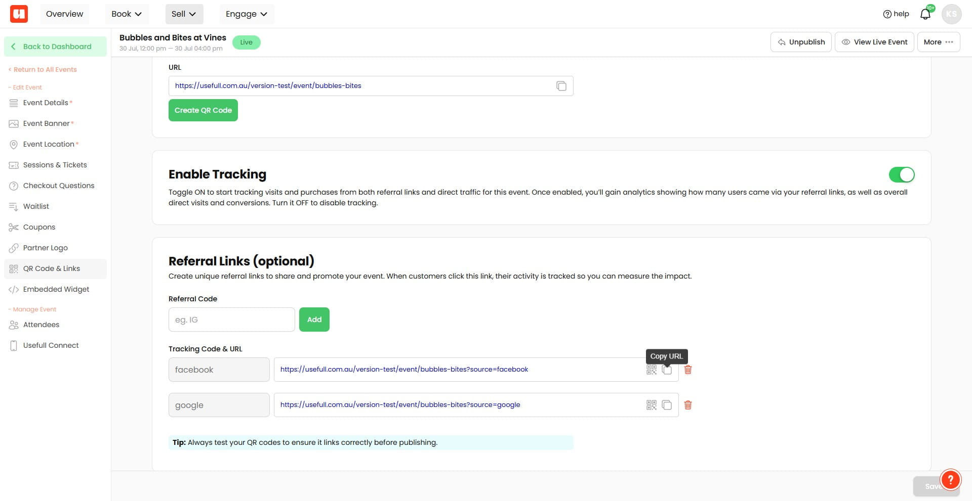 After you add the referral code, a new link will appear. The link will include a tracking parameter that looks like this: **?source=yourreferralcode** For example: **?source=facebook** You can use this special referral link anywhere you want to track marketing performance, such as social media posts, email campaigns, ads, partner websites, or sponsor promotions.