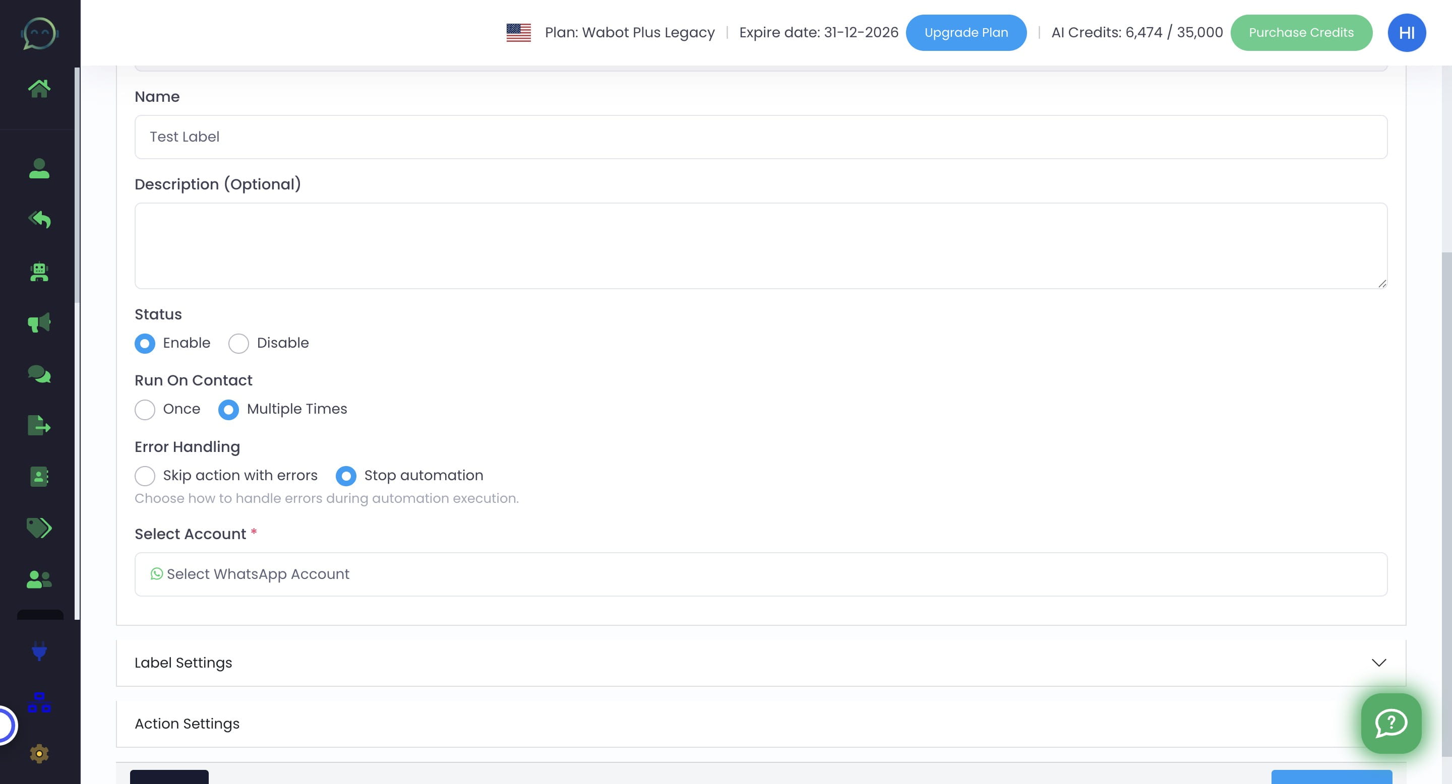 Choose whether to skip action or stop automation immediately during error