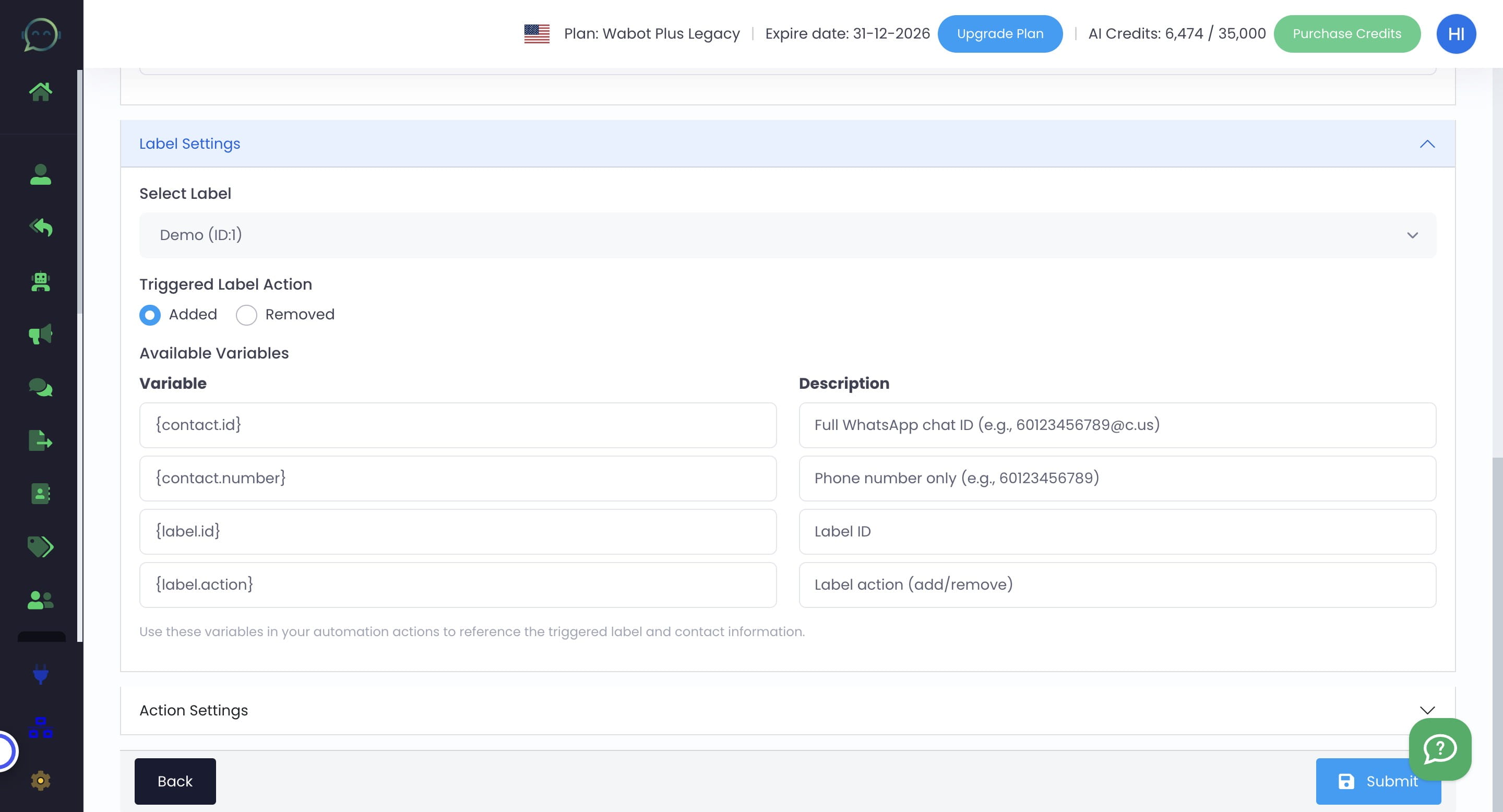 Click on "Action Settings"