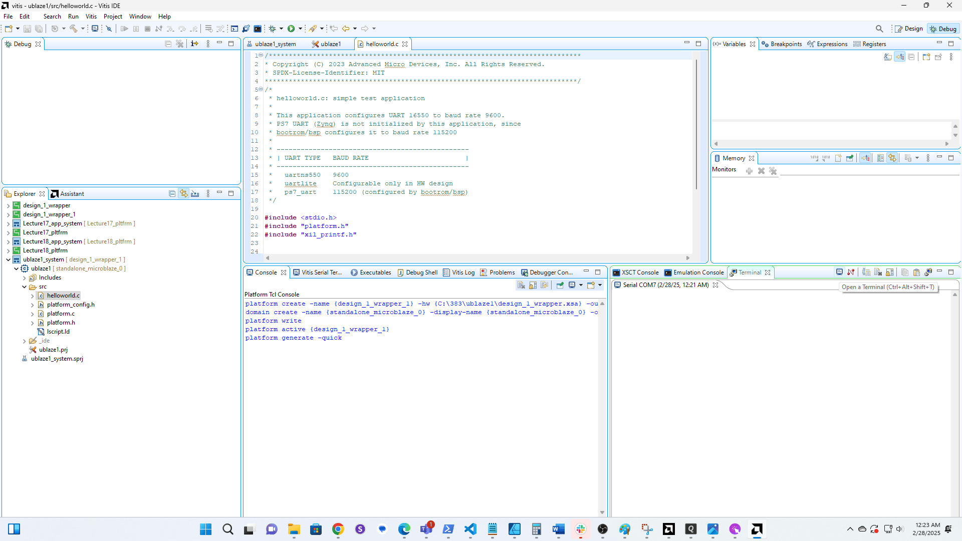 Click here to open the serial connection.  Note that you must have both the Prog and UART cables plugged in on your board.