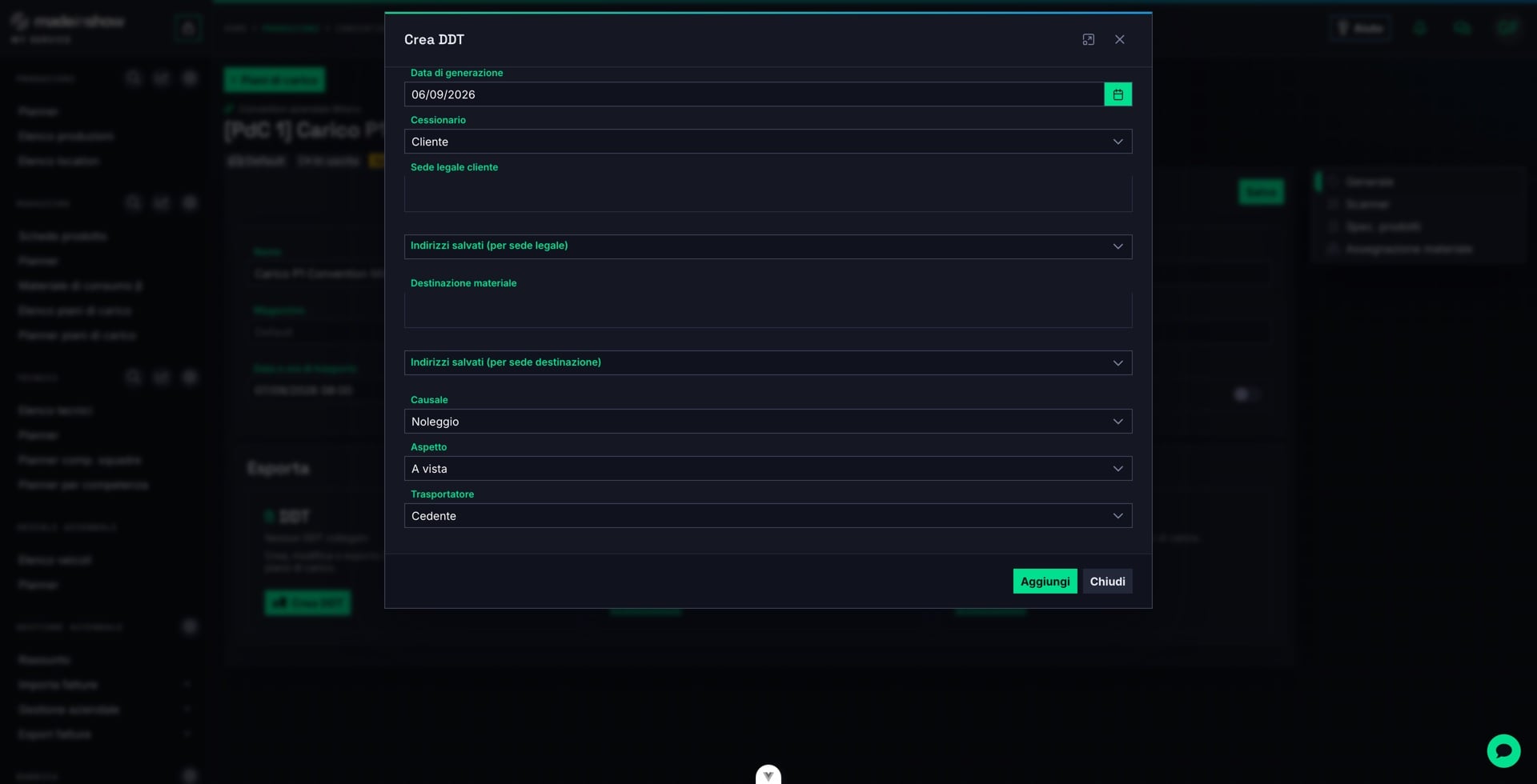 Compilare nel dialog data di generazione, destinatario, destinazione, causale, aspetto e vettore, poi generare il DDT quando serve il documento.