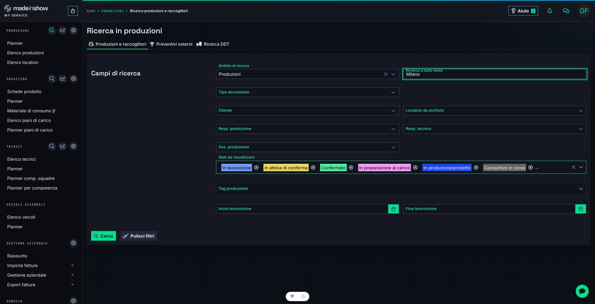 Premere «Cerca» per trovare le produzioni e i raccoglitori che corrispondono ai criteri impostati.