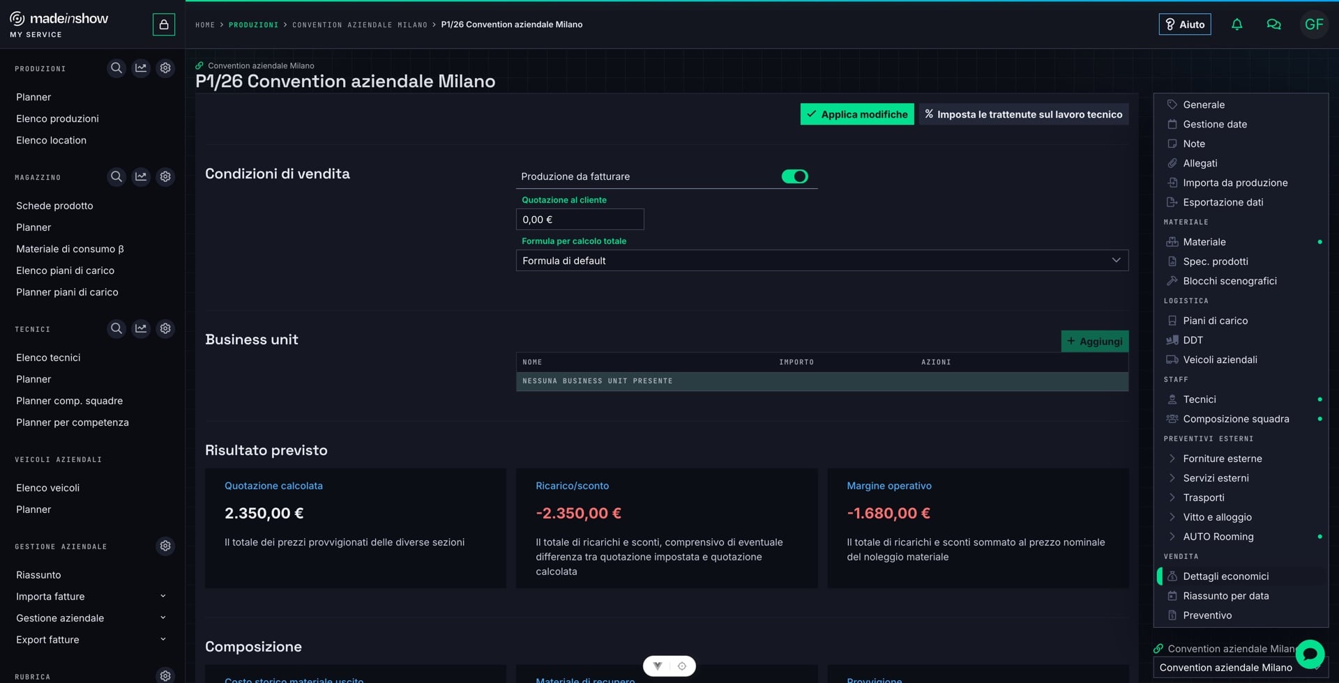Impostare la quotazione al cliente — ad esempio 2.500,00 €: costi, ricavi e margine si aggiornano di conseguenza.
