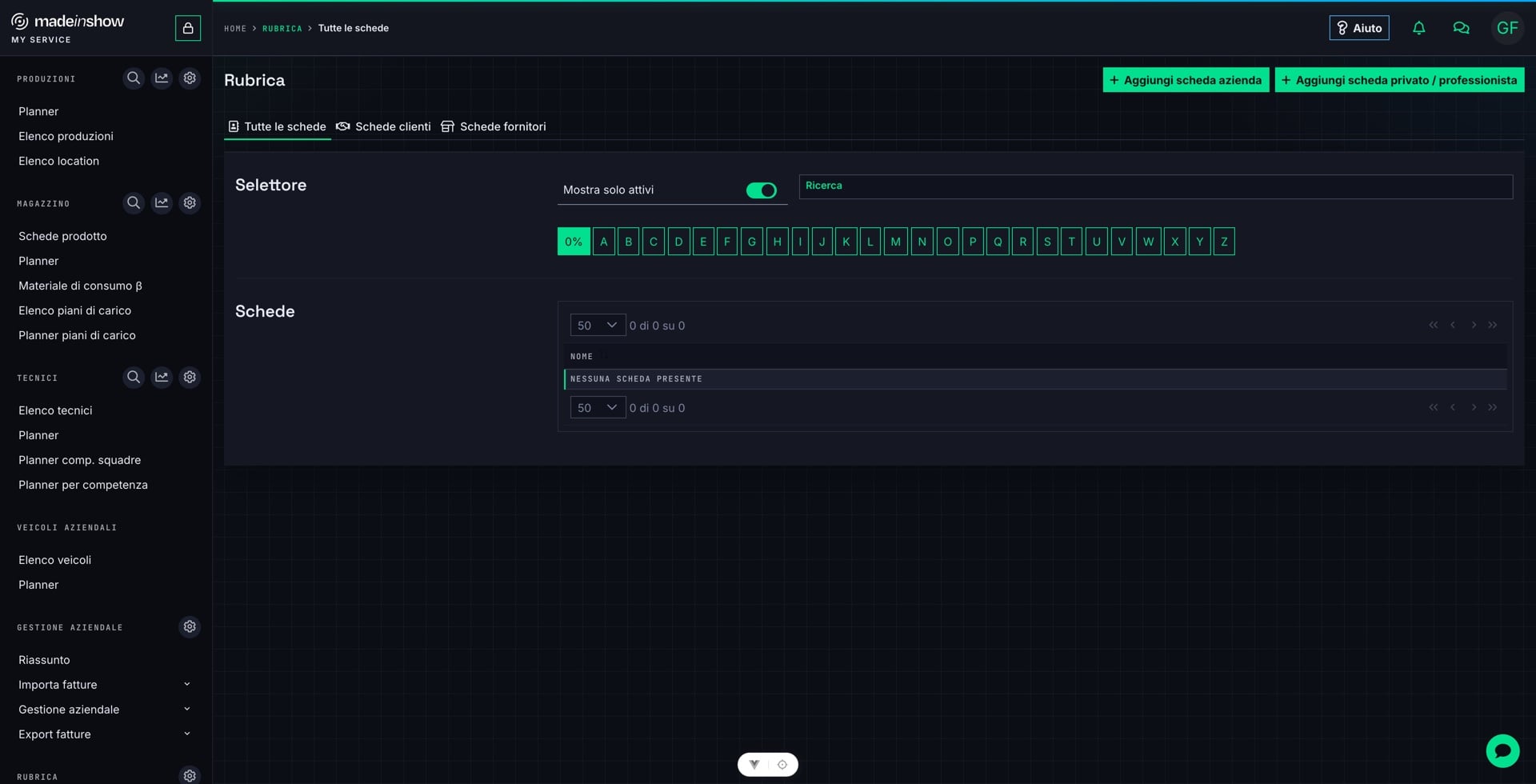 Cercare il nominativo in Rubrica prima della creazione — qui «Noleggio Audio Pro» — per riutilizzare un'eventuale scheda già presente senza duplicati.