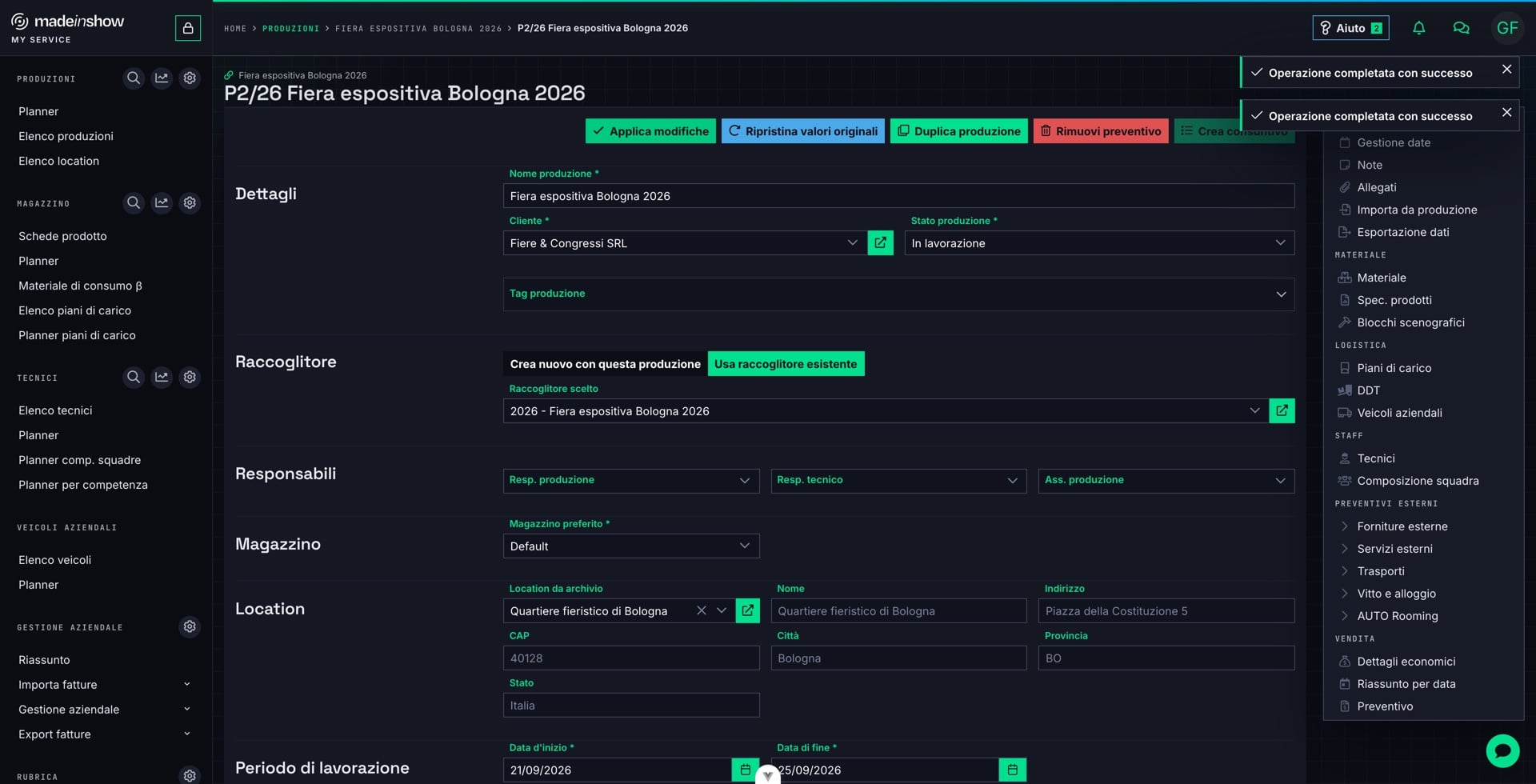 La produzione ha ora la sua location, con indirizzo completo, visibile anche a chi lavora sulla produzione e nei documenti che la citano.