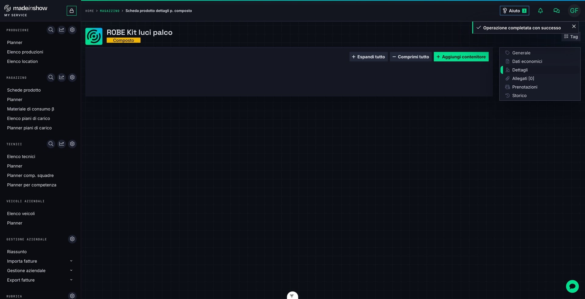 Nei dettagli composti, premere «Aggiungi contenitore»: ogni contenitore è una configurazione fisica del kit.