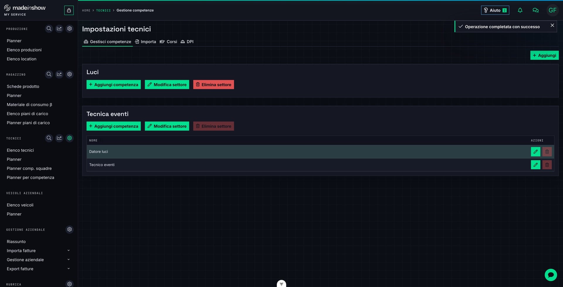 Datore luci compare ora nel settore Tecnica eventi; il settore Luci resta disponibile per altre competenze.