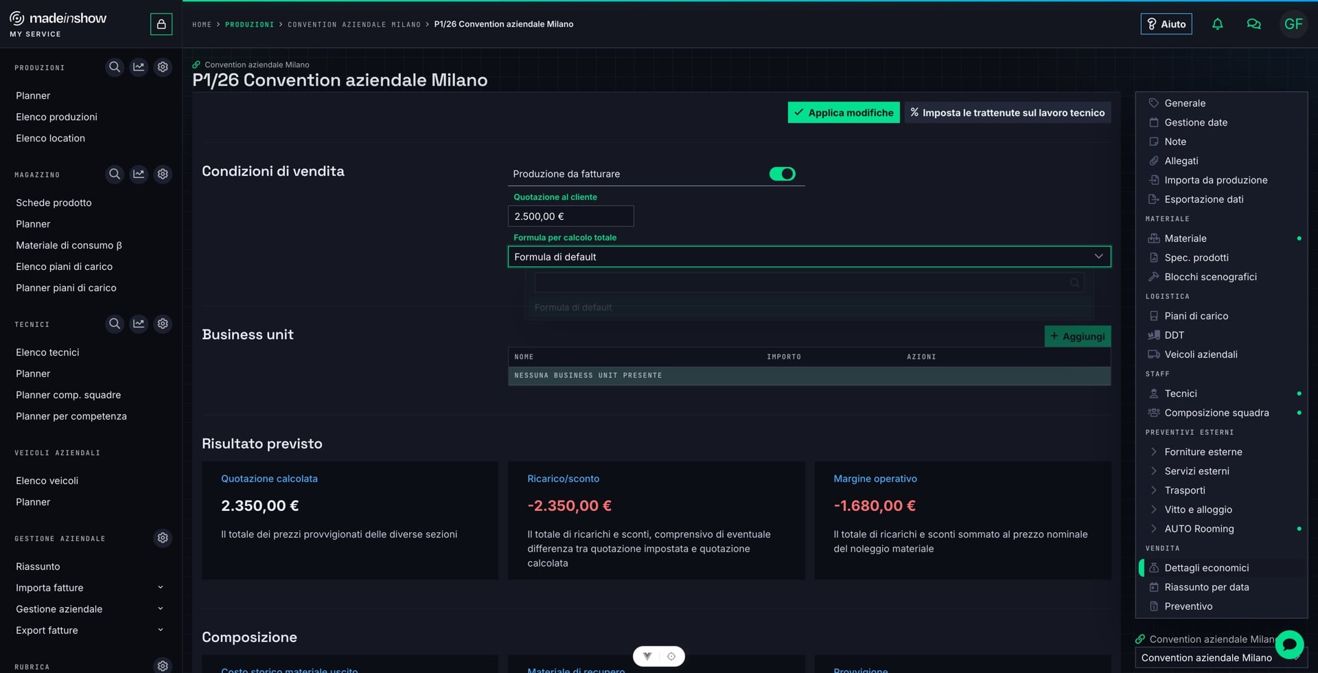 Premere «Applica modifiche» per salvare quotazione e formula.