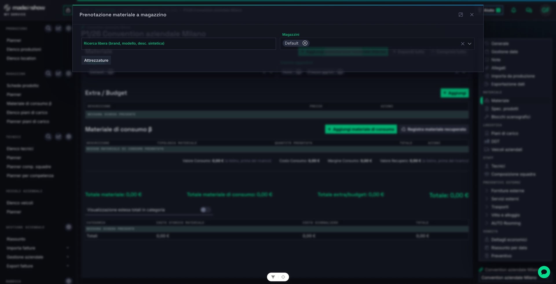 Cercare il prodotto nel materiale disponibile a magazzino — ad esempio «LEDBeam»: la ricerca filtra per marca, modello e descrizione.