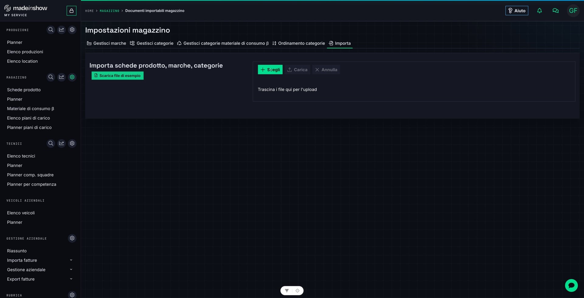 L'import accetta un file CSV alla volta e crea automaticamente le marche e le categorie non ancora presenti: il modo più rapido per popolare il catalogo all'avvio.