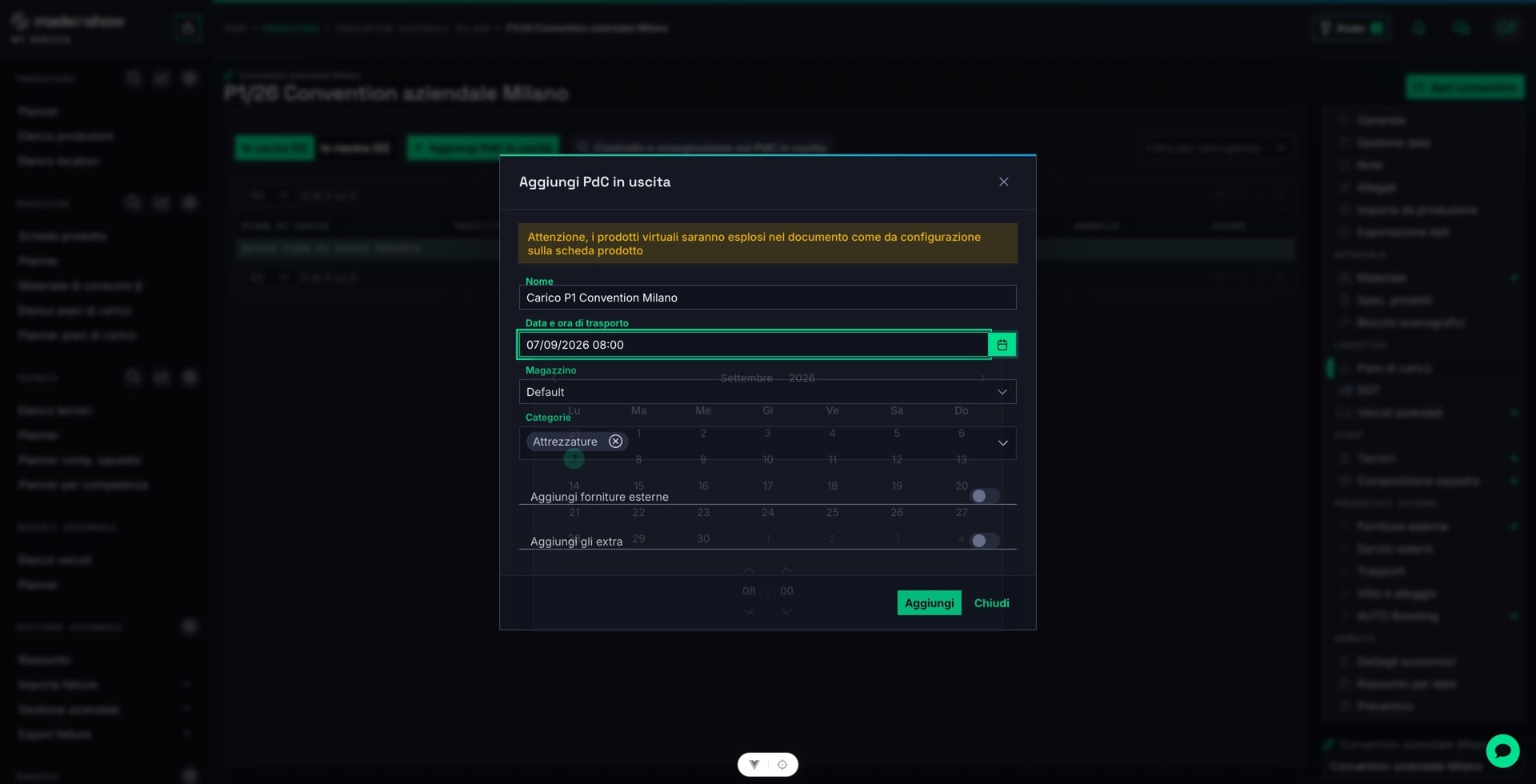 Premere «Aggiungi» per creare il piano in uscita: include il materiale prenotato delle categorie selezionate.