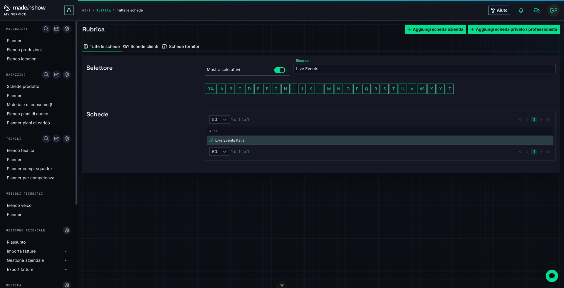 In Rubrica, «Schede rubrica» cerca tra clienti e fornitori, con le schede organizzate anche per iniziale: digitando «Live Events» si trova il cliente Live Events Italia.