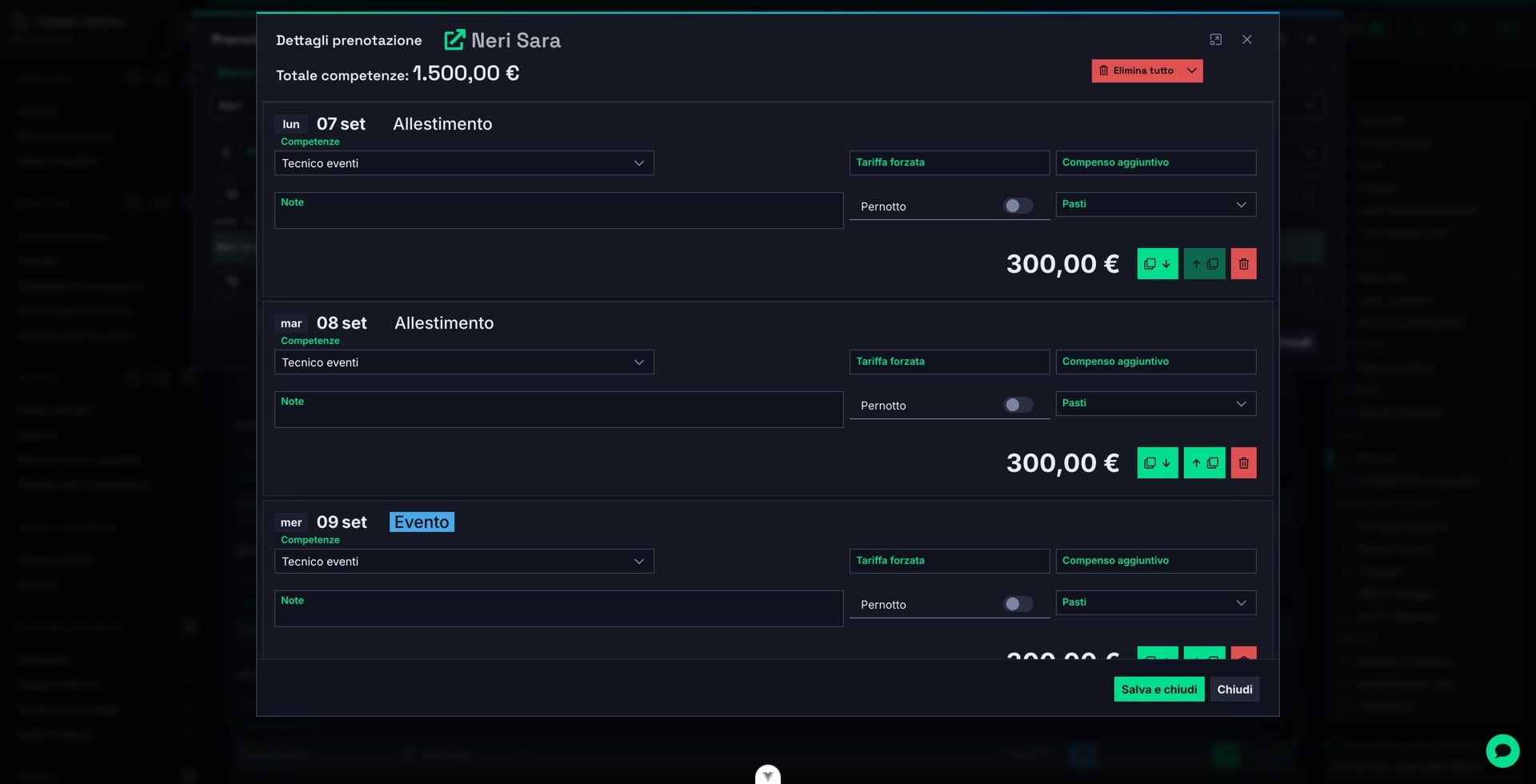 Nella prima giornata, selezionare la competenza — Tecnico eventi — per applicare la tariffa a listino del tecnico.