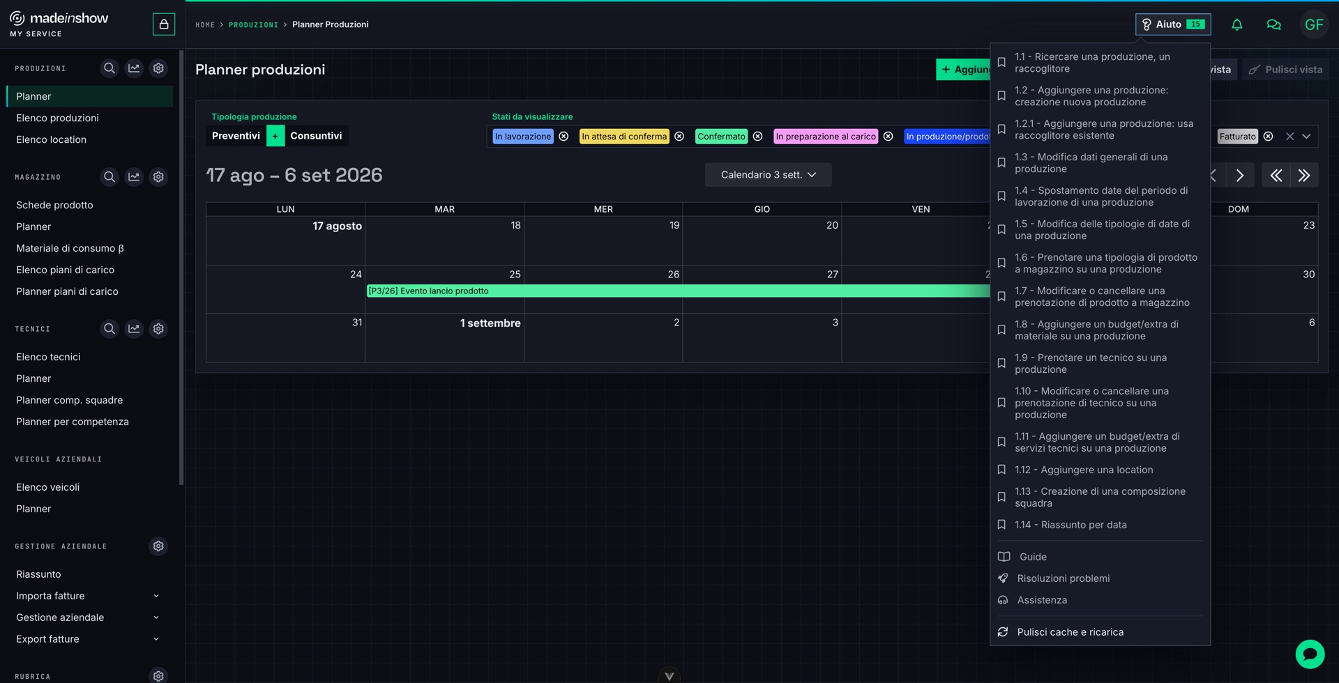 Selezionare «Aiuto» per aprire l'elenco delle guide contestuali: qui, ad esempio, le guide del planner produzioni. Ogni guida si apre in una nuova scheda del browser.