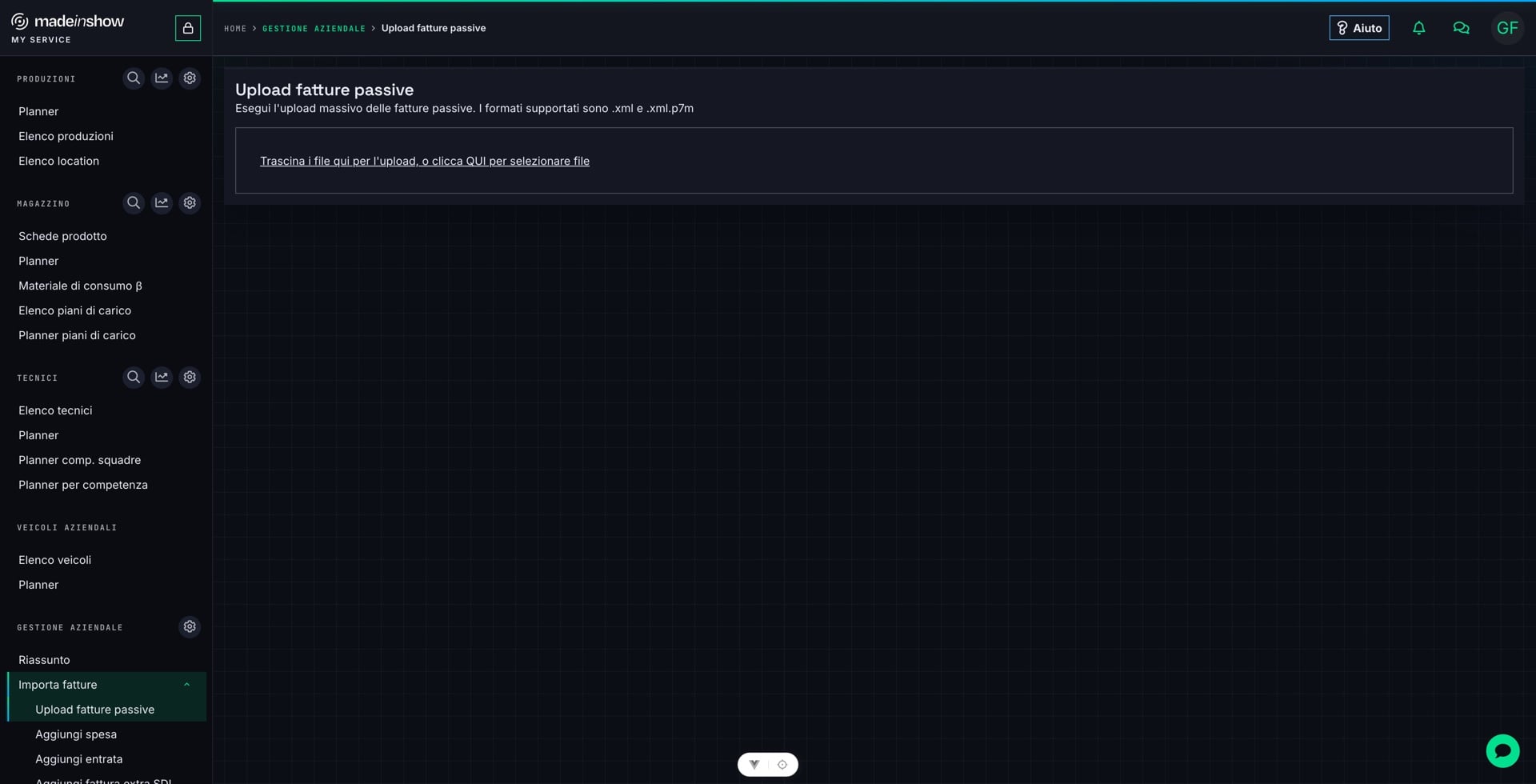 In «Upload fatture passive» trascinare nell'area di caricamento i file XML o XML.P7M ricevuti dai fornitori, oppure selezionarli con un click sull'area.