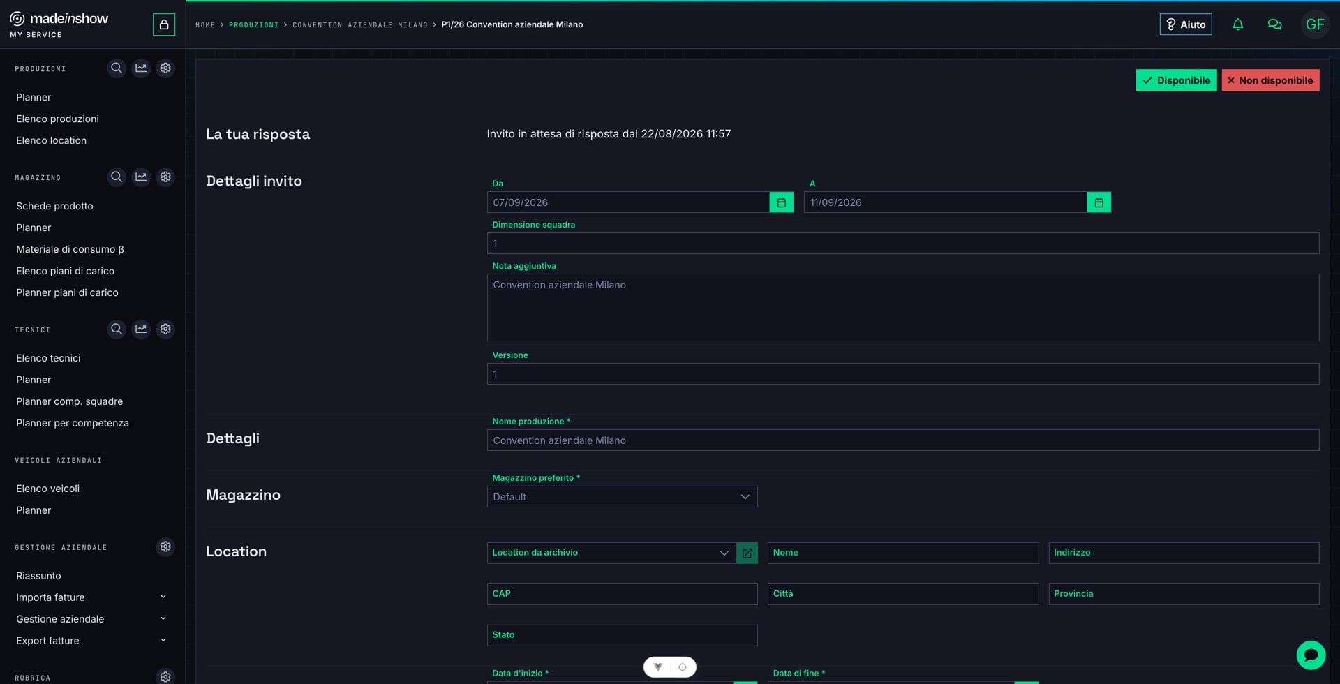 Aprire il link ricevuto via email, controllare date e dettagli della produzione — qui P1/26 Convention aziendale Milano — e premere «Disponibile» (oppure «Non disponibile» per declinare).