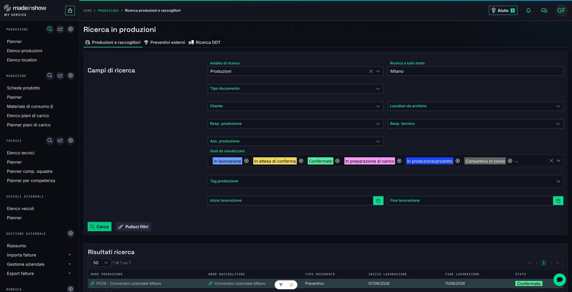 Usare il filtro «Stati da visualizzare» per limitare la ricerca alle produzioni nelle condizioni operative desiderate — ad esempio solo le confermate.